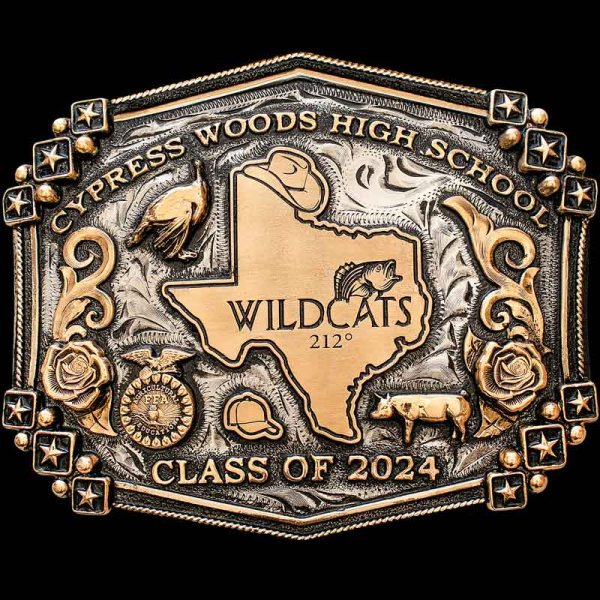 The Brooks Graudation Buckle is easy to personalize for your school or organization!  Detailed with a Jeweler's Bronze rope edge, scrolls, star elements, and lettering! 